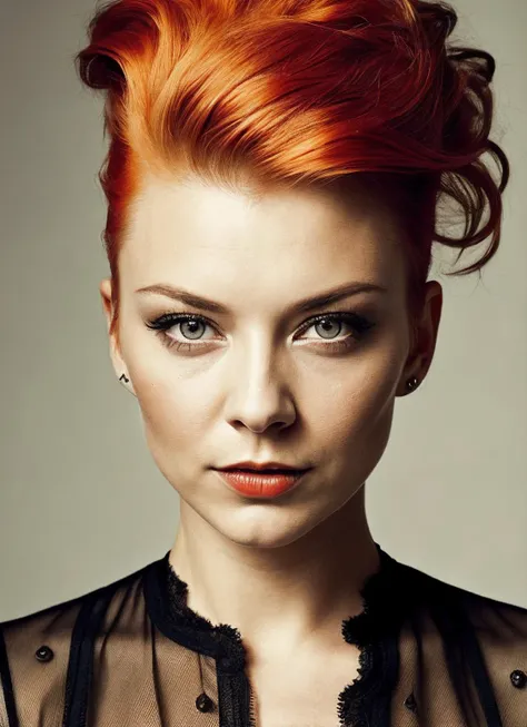 portrait of sks woman by Flora Borsi, style by Flora Borsi, bold, bright colours, orange Mohawk haircut, ((Flora Borsi)), <lora:lora_natalie_v1_from_v1_160:1>