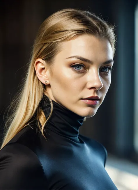 A stunning intricate full color portrait of (sks woman:1), wearing a black turtleneck, epic character composition, by ilya kuvshinov, alessio albi, nina masic, sharp focus, natural lighting, subsurface scattering, f2, 35mm, film grain, <lora:lora_natalie_v1_from_v1_160:1>