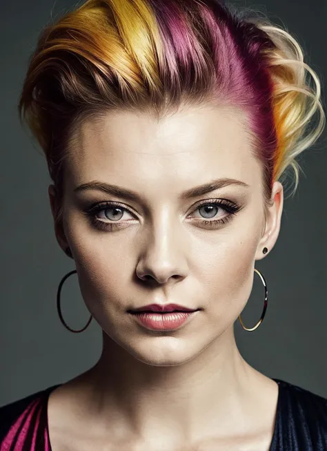 analog style, modelshoot style, portrait of sks woman by Flora Borsi, style by Flora Borsi, bold, bright colours, rainbow Mohawk haircut, ((Flora Borsi)), <lora:locon_elizabetholsen_v1_from_v1_64_32:1.25>