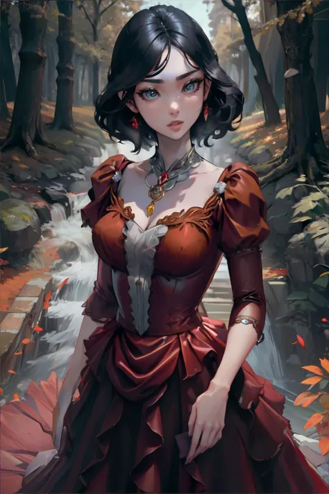<lora:jellystyle:0.8>, beautiful woman wearing a flowing (red|orange) dress, enchanted forest || masterpiece, perfect quality, sharp focus, shallow depth of field, 8k