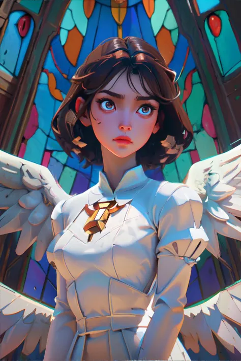 <lora:jellystyle:0.8>, beautiful woman wearing a simple white dress, curled brown hair, brown eyes, angel wings, stained glass windows || masterpiece, perfect quality, sharp focus, shallow depth of field, 8k