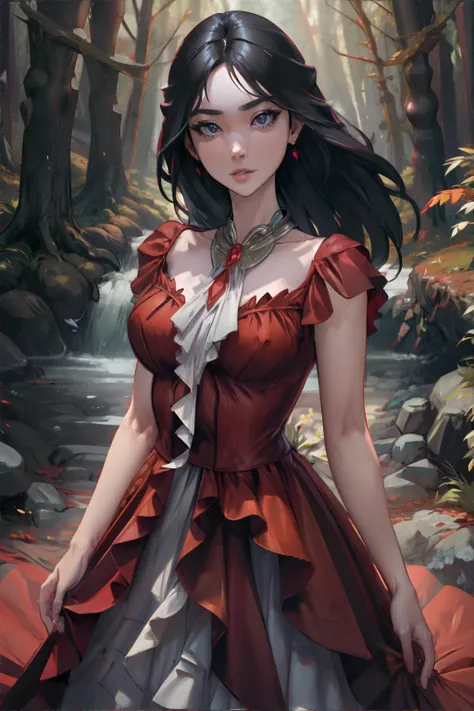 <lora:jellystyle:0.8>, beautiful woman wearing a flowing (red|orange) dress, enchanted forest || masterpiece, perfect quality, sharp focus, shallow depth of field, 8k