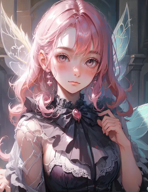 ((masterpiece, best quality)), (1girl), (solo), (female focus), portrait, fairy, curly pink hair, big eyes, :3, blush, <lora:nijiJellyStyle_v10:0.8>