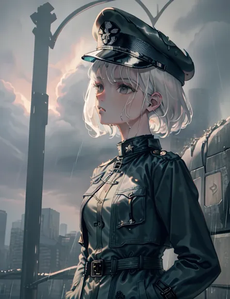 ((masterpiece, best quality)), (1girl), (solo), (female focus), (white hair, short hair, undercut), black eyes, blank stare, black peaked cap, black military nazi uniform, (black trench nazi coat, long trench coat), wet clothes, (hands in pockets), (heavy rain, rainy, cloudy sky), depressive rain, in ww2 dresden, (portrait)  <lora:nijiJellyStyle_v10:0.8>