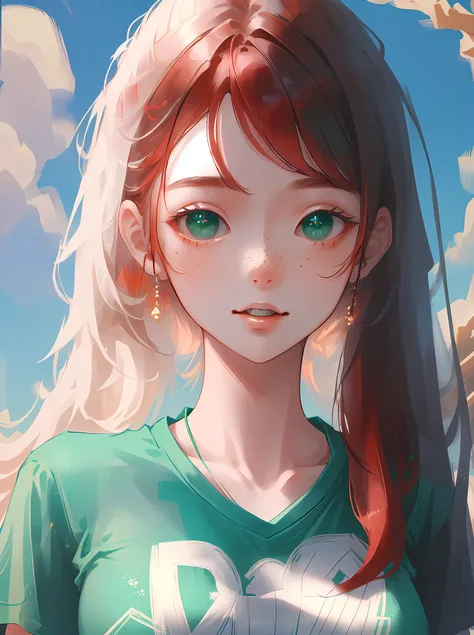 <lora:niji_jelly:0.8>, cute, ultra-detailed, illustration, intricate, detailed, extremely detailed, detailed face, soft lighting, soft light, soft focus, perfect face, beautiful, accurate anatomy, overexposure, 8k, 4k, (highres:1.1), best quality, (masterpiece:1.3), red hair, long hair, disheveled hair, green eyes, freckles, grin, happy, blue sky, small breasts, ((green tshirt))