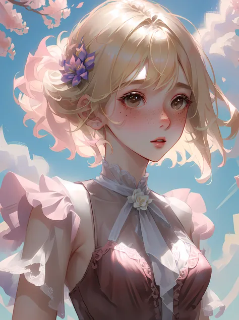 <lora:niji_jelly:0.8>,, ((1girl)), ((tall)), ((dirty blonde hair)), ((messy hair)), ((short hair)), ((dark brown eyes)), ((small breasts)), ((light blush)), (freckles), (((light pink dress))), cute, ultra-detailed, illustration, intricate, detailed, extremely detailed, detailed face, soft lighting, soft light, soft focus, perfect face, beautiful, accurate anatomy, overexposure, 8k, 4k, (highres:1.1), best quality, (masterpiece:1.3), ((wind)), ((flowers)), ((flower field)), ((pink flowers)), blue sky