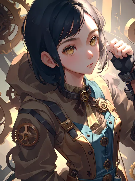 <lora:niji_jelly:0.9>, 1girl, ((steampunk)), brown overalls, black hair, short messy hair, yellow eyes, goggles, gears, factory, small breasts, light brown shirt, confident, mature, adult, closed mouth, arms at sides, brown jacket, hands in pockets, (close up)