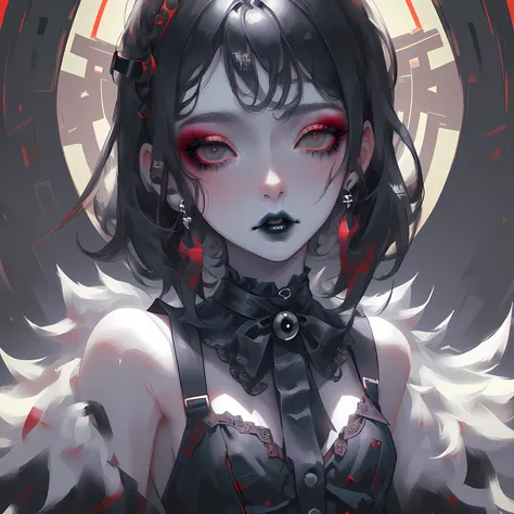 <lora:niji_jelly:0.8>, ((masterpiece)), (((best quality))), ((ultra-detailed)), ((illustration)), ((disheveled hair)), {{{cultist}}},dark, ((gothic dress)), black hair, black eyes, close up, red eye shadow, ((makeup)), pale skin, black lipstick, small breasts, ((black simple background)), ((dark background))