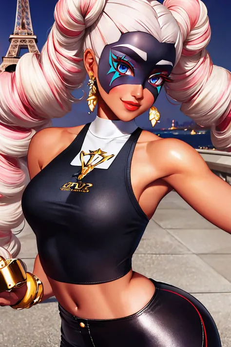 <lora:Twintelle-10:0.7> Twintelle, long twin drill hair, multicolored hair, domino mask, pink eyelashes, TwiAttire, tight black pants, bare shoulders , tight white shirt, jewelry, sleeveless, red waistband,
masterpiece, best quality, absurdres, eiffel tower, smile