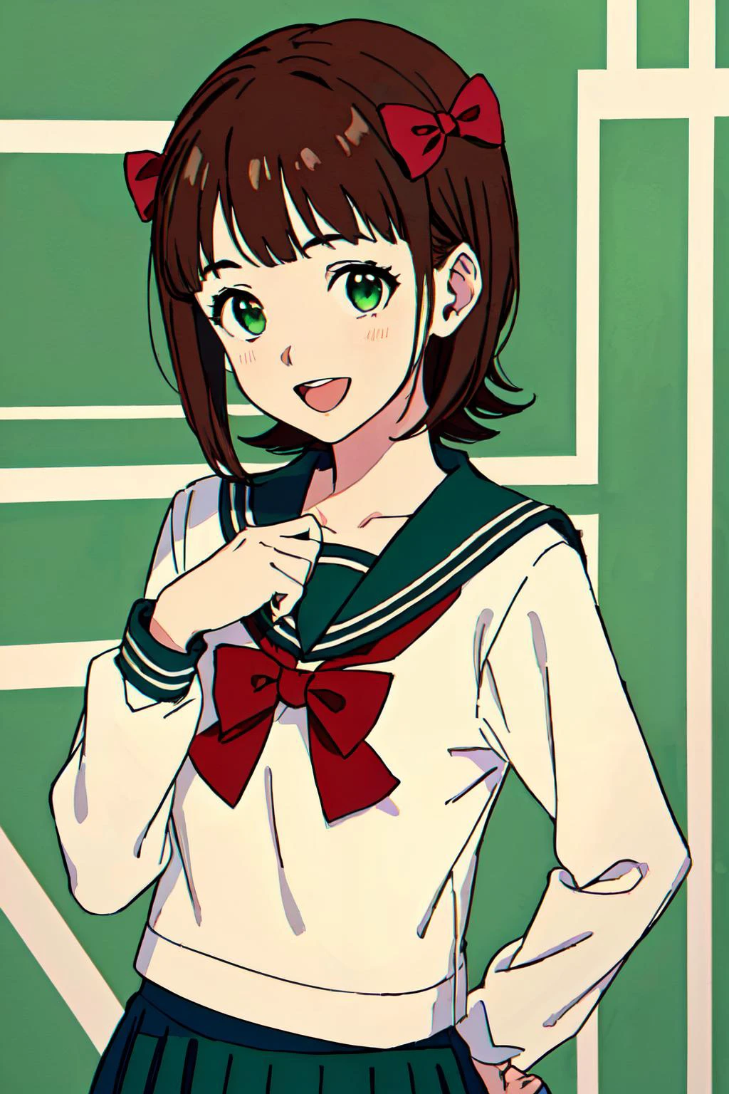 <lora:harukaamamitest:1>haruka amami, brown hair, (green eyes:1.5), short hair, (hair bow:1.5), hair ribbon, bangs, blunt bangs,
bow, school uniform, serafuku, skirt, sweater, long sleeves, red bow, blue skirt, :D,
(best quality, masterpiece, RAW photo,ultra-detailed:1.2), <lyco:GoodHands-beta2:1.0>,1girl,solo,looking at viewer,smile,