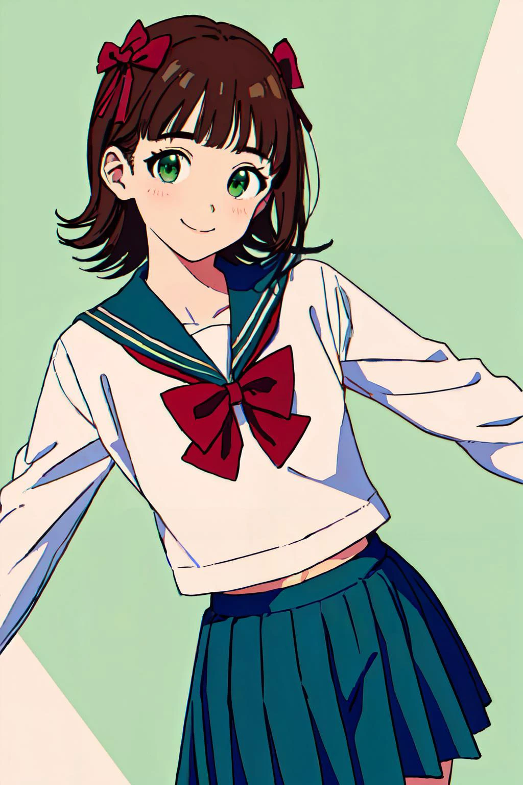 <lora:harukaamamitest:1>haruka amami, brown hair, (green eyes:1.5), short hair, (hair bow:1.5), hair ribbon, bangs, blunt bangs,
bow, school uniform, serafuku, skirt, sweater, long sleeves, red bow, blue skirt,
(best quality, masterpiece, RAW photo,ultra-detailed:1.2), <lyco:GoodHands-beta2:1.0>,1girl,solo,looking at viewer,smile