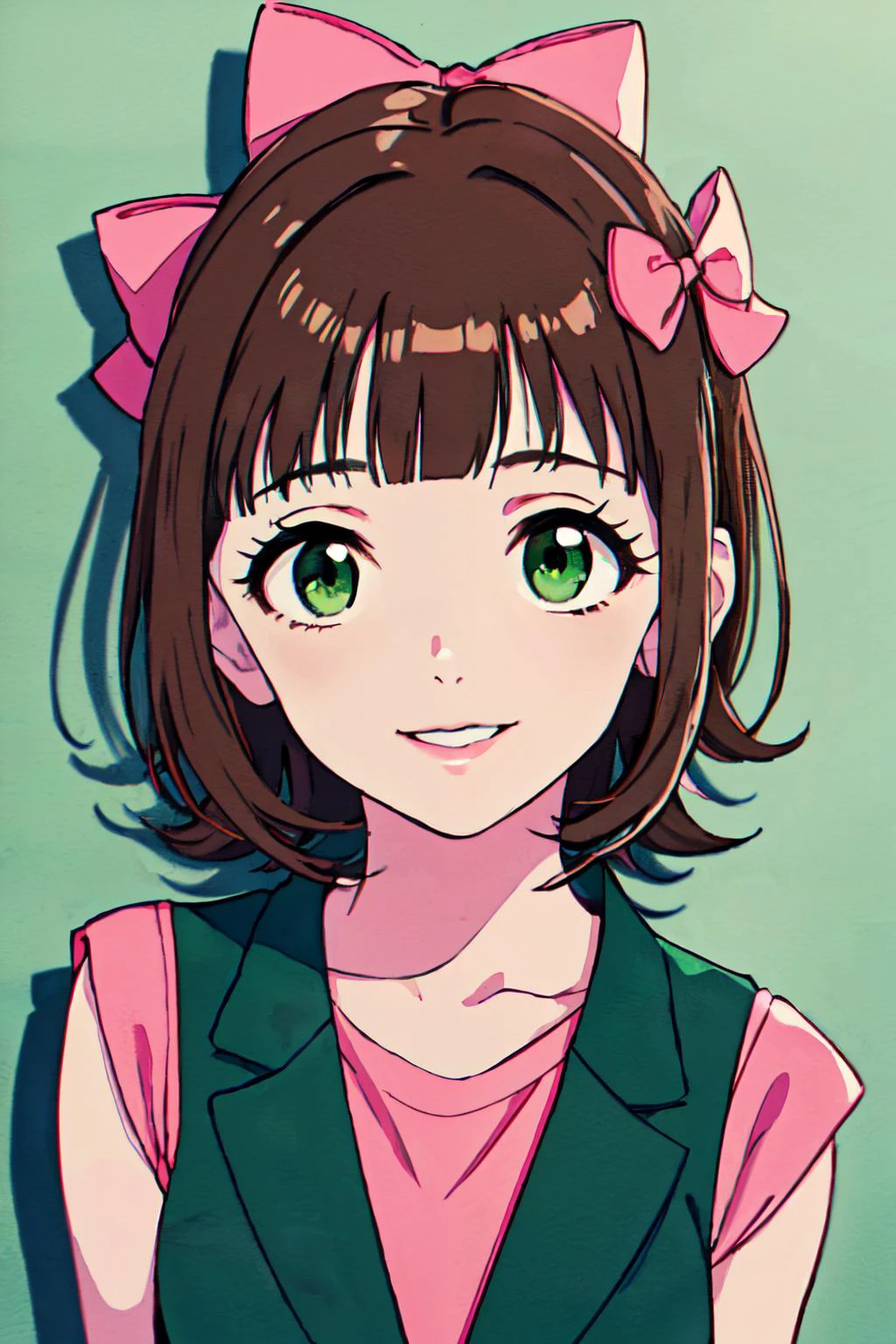 <lora:harukaamamitest:1>haruka amami, brown hair, (green eyes:1.5), short hair, (hair bow:1.5), hair ribbon, bangs, blunt bangs,
pink diamond 765 (idolmaster), heart,
(best quality, masterpiece, RAW photo,ultra-detailed:1.2), <lyco:GoodHands-beta2:1.0>,1girl,solo,looking at viewer,smile,