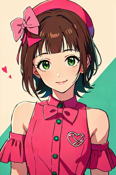 <lora:harukaamamitest:1>haruka amami, brown hair, (green eyes:1.5), short hair, (hair bow:1.5), hair ribbon, bangs, blunt bangs,
pink diamond 765 (idolmaster), heart,bare shoulders, hat,
(best quality, masterpiece, RAW photo,ultra-detailed:1.2), <lyco:GoodHands-beta2:1.0>,1girl,solo,looking at viewer,smile,