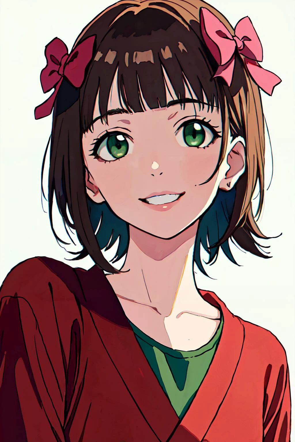 <lora:harukaamamitest:1>haruka amami, brown hair, (green eyes:1.5), short hair, (hair bow:1.5), hair ribbon, bangs, blunt bangs,
(best quality, masterpiece, RAW photo,ultra-detailed:1.2), <lyco:GoodHands-beta2:1.0>,1girl,solo,looking at viewer,smile