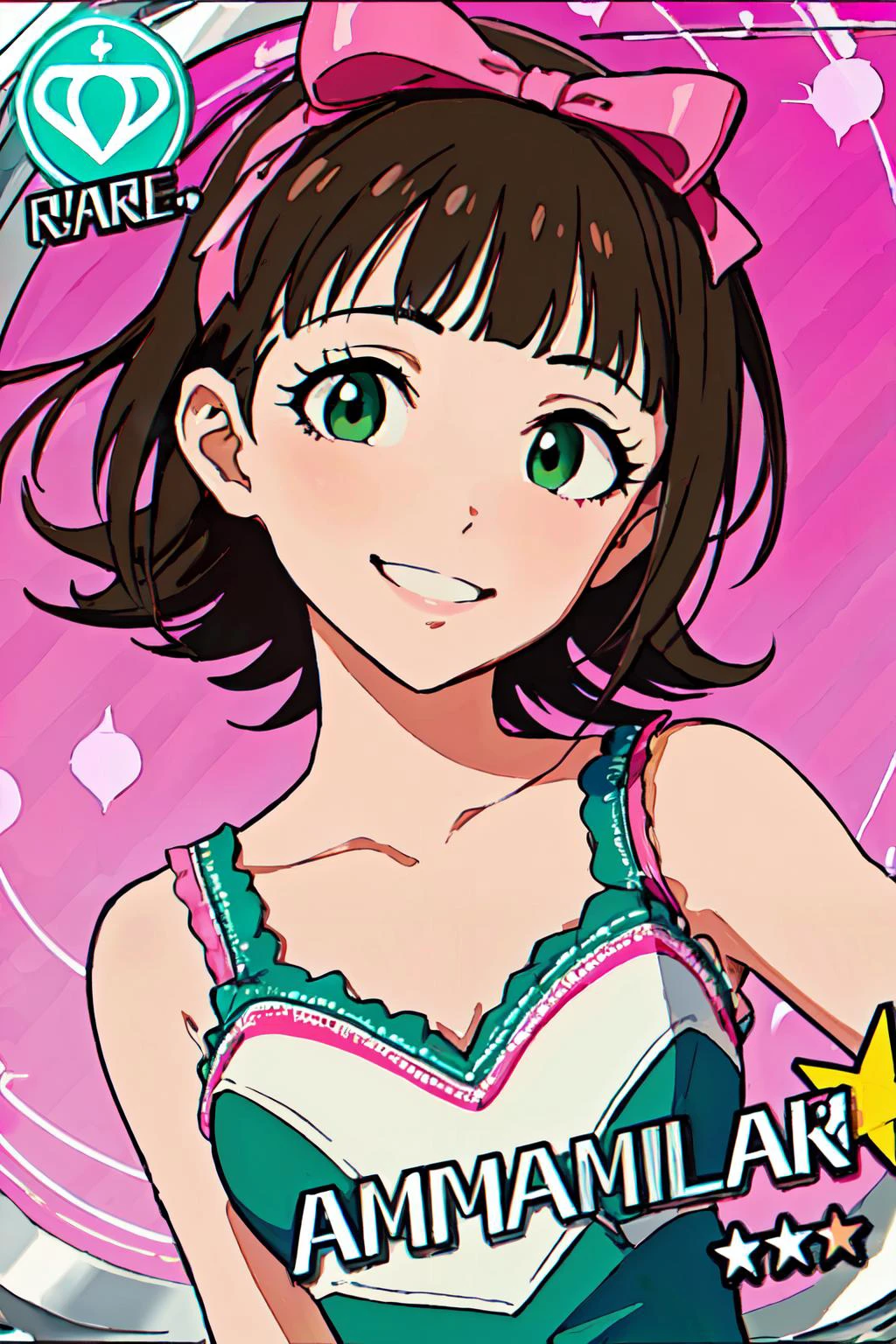 <lora:harukaamamitest:1>haruka amami, brown hair, (green eyes:1.5), short hair, (hair bow:1.5), hair ribbon, bangs, blunt bangs,
pink diamond 765 (idolmaster), heart,bare shoulders, cinderella girls card parody,
(best quality, masterpiece, RAW photo,ultra-detailed:1.2), <lyco:GoodHands-beta2:1.0>,1girl,solo,looking at viewer,smile,
