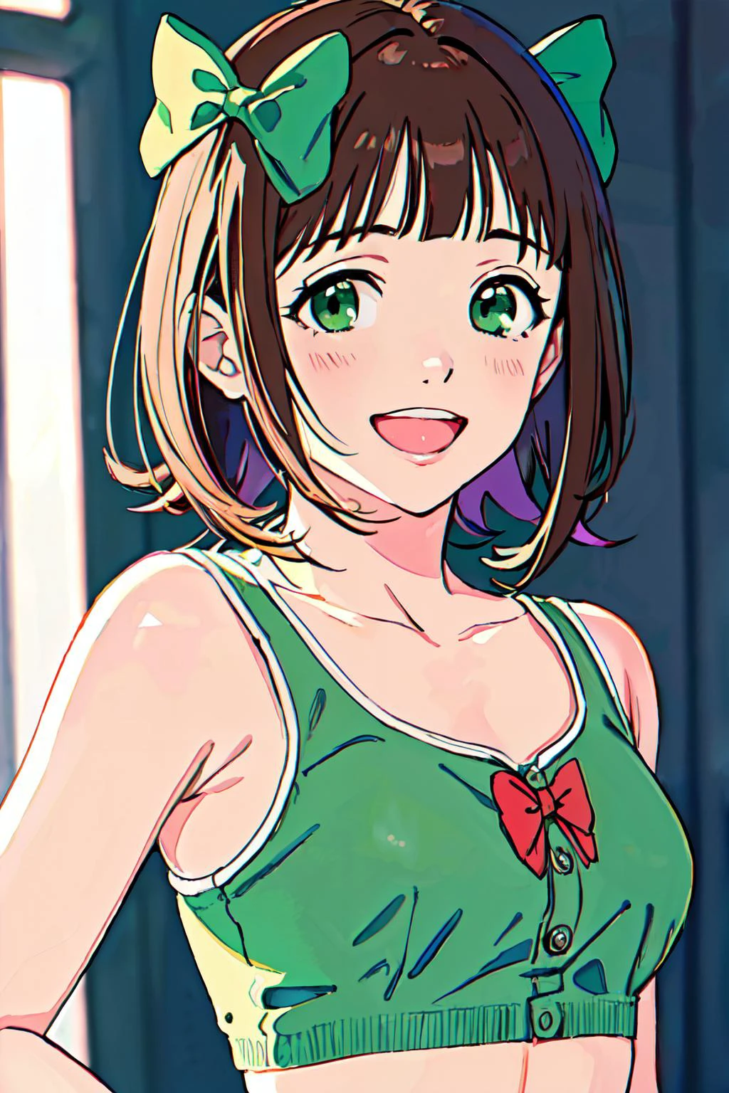 <lora:harukaamamitest:1>haruka amami, brown hair, (green eyes:1.5), short hair, (hair bow:1.5), hair ribbon, bangs, blunt bangs,
underwear, :D,ribbon,
(best quality, masterpiece, RAW photo,ultra-detailed:1.2), <lyco:GoodHands-beta2:1.0>,1girl,solo,looking at viewer,smile,
