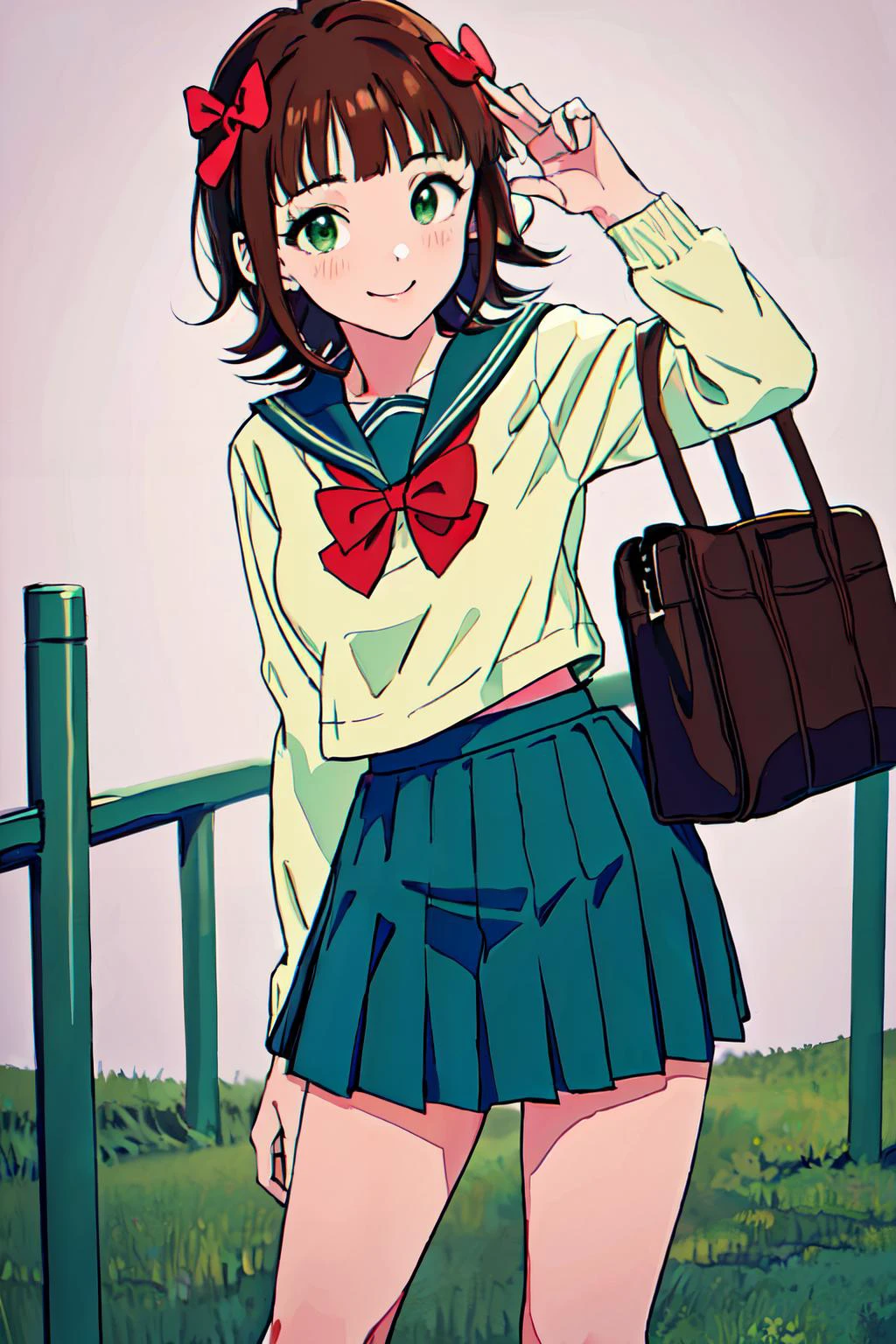 <lora:harukaamamitest:1>haruka amami, brown hair, (green eyes:1.5), short hair, (hair bow:1.5), hair ribbon, bangs, blunt bangs,
bag, bow, school uniform, serafuku, skirt, sweater, long sleeves, red bow, blue skirt,
(best quality, masterpiece, RAW photo,ultra-detailed:1.2), <lyco:GoodHands-beta2:1.0>,1girl,solo,looking at viewer,smile