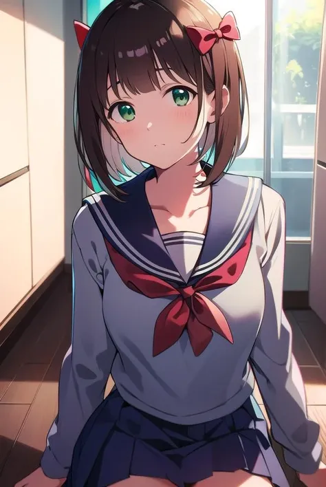 harukaamami, <lora:harukaamamitest:1>,
haruka amami, brown hair, (green eyes:1.5), short hair, (hair bow:1.5), hair ribbon, bangs, blunt bangs, (small breast:1.2),
BREAK bag, bow, school uniform, serafuku, skirt, sweater, long sleeves, red bow, blue skirt, grey sweater,
BREAK looking at viewer,
BREAK indoors, classroom,
BREAK <lora:GoodHands-vanilla:1>, (masterpiece:1.2), best quality, high resolution, unity 8k wallpaper, (illustration:0.8), (beautiful detailed eyes:1.6), extremely detailed face, perfect lighting, extremely detailed CG, (perfect hands, perfect anatomy),