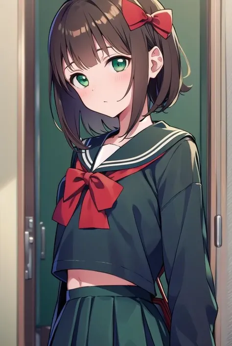 harukaamami, <lora:harukaamamitest:1>,
haruka amami, brown hair, (green eyes:1.5), short hair, (hair bow:1.5), hair ribbon, bangs, blunt bangs, (small breast:1.2),
BREAK bag, bow, school uniform, serafuku, skirt, sweater, long sleeves, red bow, blue skirt, grey sweater,
BREAK looking at viewer,
BREAK indoors, classroom,
BREAK <lora:GoodHands-vanilla:1>, (masterpiece:1.2), best quality, high resolution, unity 8k wallpaper, (illustration:0.8), (beautiful detailed eyes:1.6), extremely detailed face, perfect lighting, extremely detailed CG, (perfect hands, perfect anatomy),