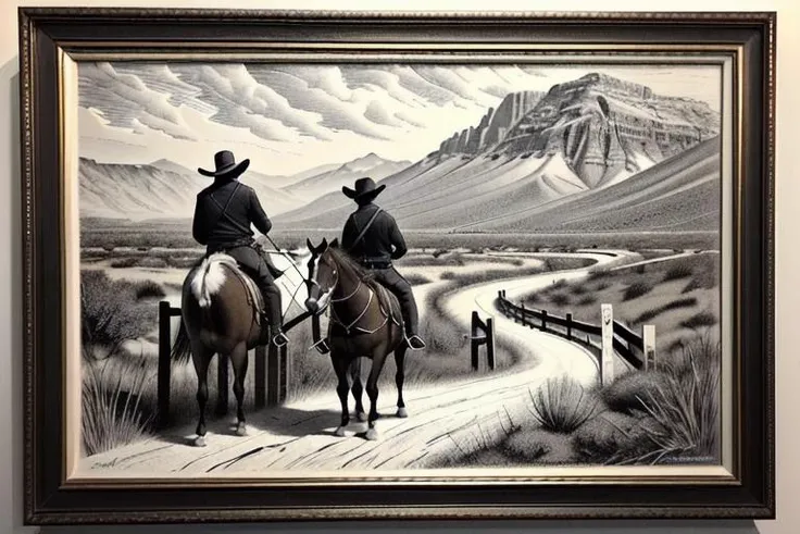 Cracks knuckles, okay, let's do this, the Promptist said when learning of the new checkpoint merge. The keys of the keyboard pressed firmly into service to create another image in the service of artificial art. The Promptist stroked his auburn beard for a moment and made the decision to create a woodcarving, a deeply detailed etching, featuring a scene from the American Old West, images of cowboys, Indians, stagecoaches, and desert vermin were branded into the surface of the weathered wood, and given sharp definition, creating deep and rich black lines giving the etching detail and form. After reviewing his work, the Promptist tossed the wooden bas relief into the fire, acknowledging the ephemeral nature of all things.