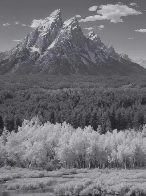 (art by Steve Epting:1.0) , Photograph, Abstract Expressionism, landscape of a Fluffy Grand Teton National Park, Clear skies, F/5, Infrared