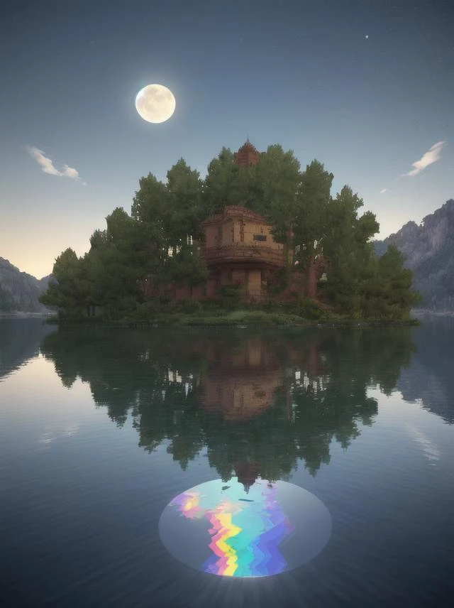 art by Toms Barcel, best quality, Shy "The moon's reflection dances upon the tranquil lake, a mirror of celestial enchantment.", Minecraft, Circular polarizer, Electic Colors