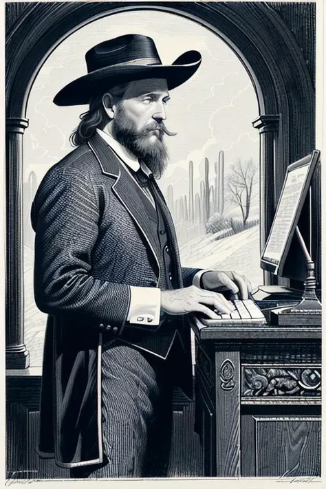 Cracks knuckles, okay, let's do this, the Promptist said when learning of the new checkpoint merge. The keys of the keyboard pressed firmly into service to create another image in the service of artificial art. The Promptist stroked his auburn beard for a moment and made the decision to create a woodcarving, a deeply detailed etching, featuring a scene from the American Old West, images of cowboys, Indians, stagecoaches, and desert vermin were branded into the surface to the old hickory, and given sharp definition, creating deep and rich black lines giving the etching detail and form. After reviewing his work, the Promptist, chucked the wooden bas relief into the fire, acknowledging the ephemeral nature of all things.