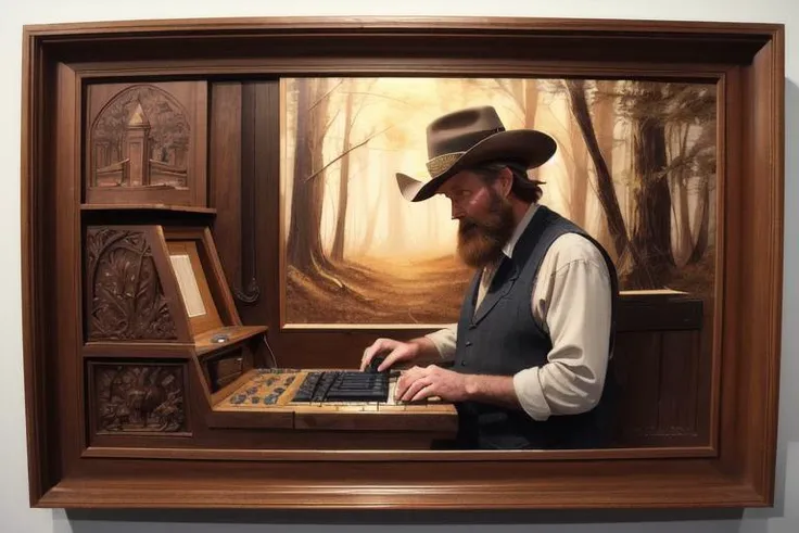 Cracks knuckles, okay, let's do this, the Promptist said when learning of the new checkpoint merge. The keys of the keyboard pressed firmly into service to create another image in the service of artificial art. The Promptist stroked his auburn beard for a moment and made the decision to create a woodcarving, a deeply detailed etching, featuring a scene from the American Old West, images of cowboys, Indians, stagecoaches, and desert vermin were dug into the surface to the old hickory, and given sharp definition through a technique using fire, creating deep and rich black lines giving the etching detail and form. After reviewing his work, the Promptist, chucked the wooden bas relief into the fire, acknowledging the ephemeral nature of all things.