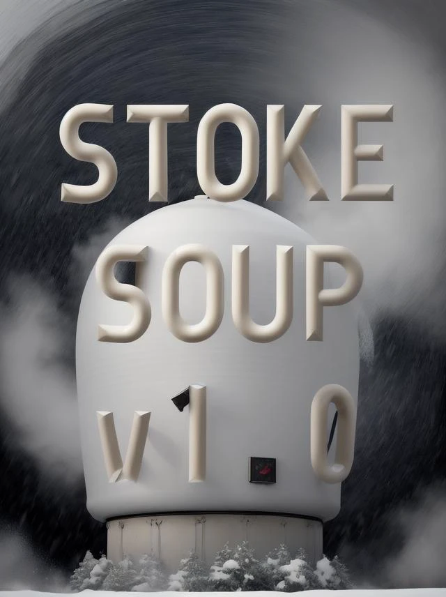 [ (art by Fernand Leger:0.8) , (art by Julio Larraz:1.2) ::10], digital art, medium shot of a Vile Unique Art Nouveau soup pot boiling on stove, from inside of a Water tower, Snowing, Simple illustration, Smirking, Gamercore, dramatic lighting, F/5, UHD, 64K