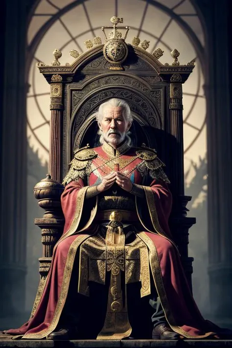 The Old King, sitting on a throne weakened by responsibility, served by those who wish for his passing
