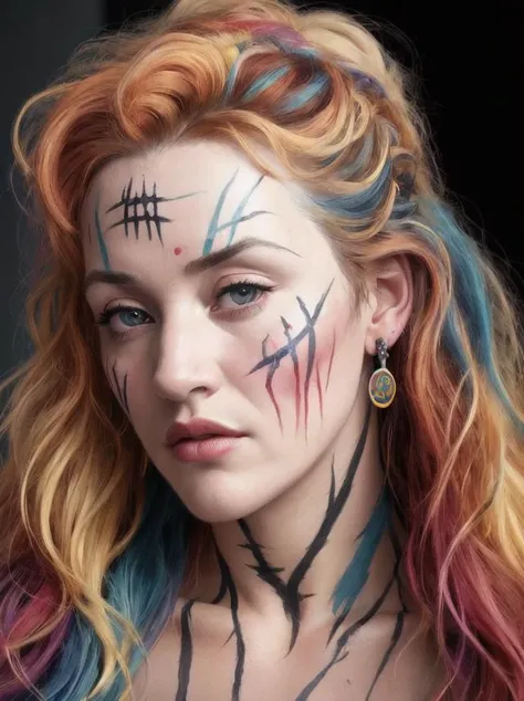 masterpiece, Colorful Bohemian Kate Winslet, Sturdy Fantasy Face Paint, Scars, Ruff, Embarrassing, rim light, Oversaturated