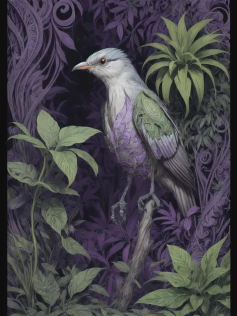 Concept art, lush vegetation, insane details, ground level shot of a Tremendous Cuckoo, simple dark violet background, Ultrarealistic, Flustered, Bloomcore, F/1.8, dreamy, Zentangle, highly detailed, [art by Steve Ditko:art by Salomon van Ruysdael:art by Andrea Mantegna:6]