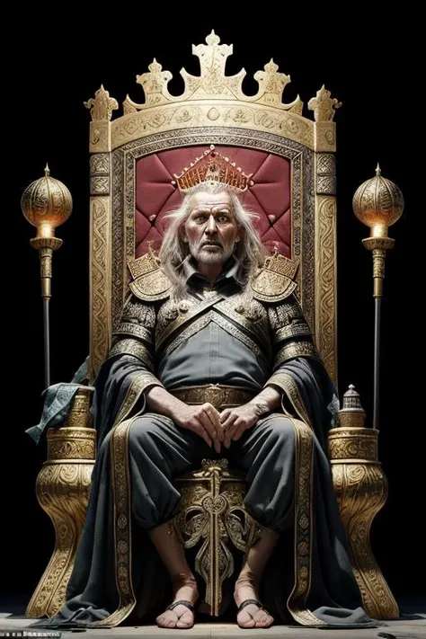 The Old King, sitting on a throne weakened by responsibility, served by those who wish for his passing, paranoid and wary he uses his power ruthlessly from a throne room filled with the spoils of war, the lines and wrinkles on the haggard face tell tales of deceit and treachery