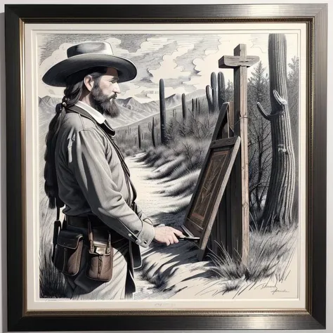 Cracks knuckles, okay, let's do this, the Promptist said when learning of the new checkpoint merge. The keys of the keyboard pressed firmly into service to create another image in the service of artificial art. The Promptist stroked his auburn beard for a moment and made the decision to create a woodcarving, a deeply detailed etching, featuring a scene from the American Old West, images of cowboys, Indians, stagecoaches, and desert vermin were branded into the surface of the weathered wood, and given sharp definition, creating deep and rich black lines giving the etching detail and form. After reviewing his work, the Promptist tossed the wooden bas relief into the fire, acknowledging the ephemeral nature of all things.