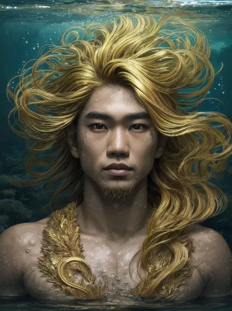 [ (art by Thomas Hawker:1.0) | (art by Stasia Burrington:1.3) ], Scratchboard of a lush nature, Underwater Filipino God, Gold hair, Unattractive Layered hairstyle, Realistic, Low shutter