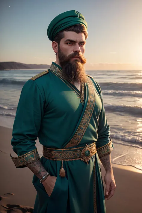 an awarded profesional photography of (1man:1.3) Russian with grey-blue eyes with male Elaborate updo hairstyle hairstyle and tapered beard in emerald green color, he wear shirt and fez hat impressed, hands in the pocket look at the viewer from the side in A serene, moonlit beach with sparkling sand and a gentle, rolling tide ,(epic scene:1.3),ultradetialed character with perfect face,detailed skin,(ultrasharp:1.3),(masterpiece:1.1),best quality,(photorealistic:1.2),ultrarealistic,realistic ultradetailed character,4k perfect quality, <lyco:GoodHands-beta2:1> by by Robert Doisneau Natural Sunlight camera angle from side and focus on full body Magnificent,Imperceptible detail,Intricately designed, (perfect quality face:1.5) hyper-detailed complex, insanely detailed, detailed clothes, detailed skin, detailed body, , 1man, realistic lights, realistic shadows, profesional photo