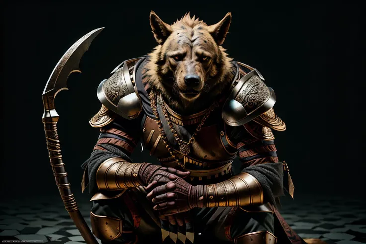 <lora:RPGGnoll:1> gnoll:1.2,   1man  male with  beard  hairstyle and  soul patch shaving  in balayage  with Honey eyes  eyes  and Tapered eyebrows , noble wearing <lora:EbonyGoldAI:1> full plate armor holding wearingtwo handed mace cowboy shot, In a hidden valley filled with enormous, colorful mushrooms and tiny, winged creatures, in background, realistic:1.2,  masterpeice, ultradetailed, intricate details, perfect quality, ultrashapr, ultradetailed, photorealistic, perfect shadows, profesional lights, realistic, blurry, boekh, masterpiece light works,depth of fiel, ultradetailed character, pefect quality, maximum quality, intricate details, detailed face  By jeremy mann, by sandra chevrier, by maciej kuciara, sharp, (perfect, body:1.1), realistic, real shadow, ultradetailed face, ultradetailed skin , photography, photorealistic, (dark castle background:1.2), (by Michelangelo), (profesional lights:1.3) (profesional photography:1.3), full body shoot, concept art of medieval rpg character,leaning against a wall with one leg up  <lyco:GoodHands-beta2:1.0>