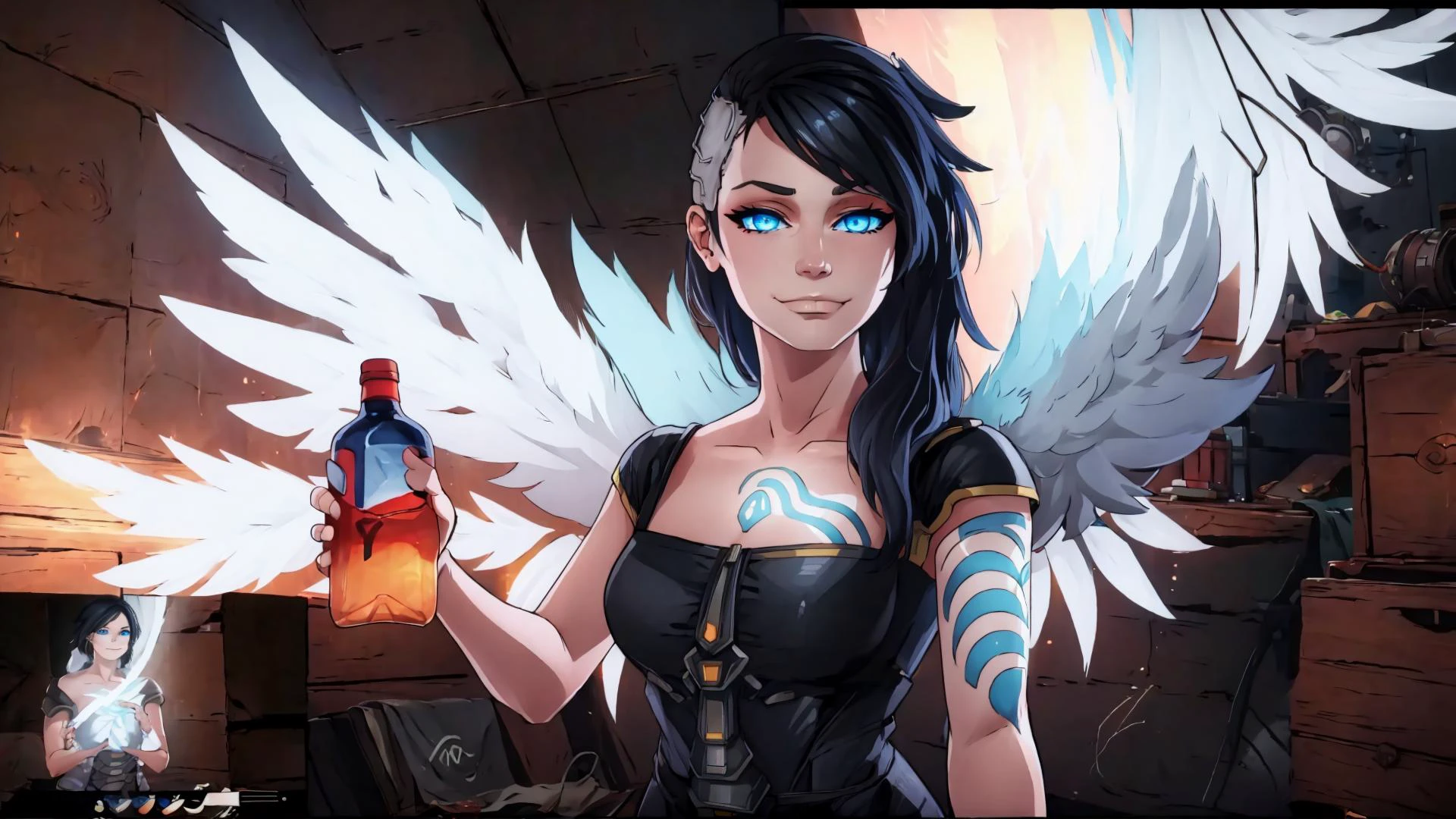 <lora:concept_frierenthrilled-16:0.95> frierenthrilled, (smug:1.15), (holding, holding bottle:1.15), outstretched arm, BREAK, <lora:angelbl:1> angelbl, blue eyes, black hair, sidecut, glowing tattoo, feathered wings, BREAK,, masterpiece, best quality, extremely detailed, highly quality, 4k, sharp focus, professional, sharp focus, award winning, cinematic lighting, octane render, unreal engine, volumetrics dtx, Wallpaper,