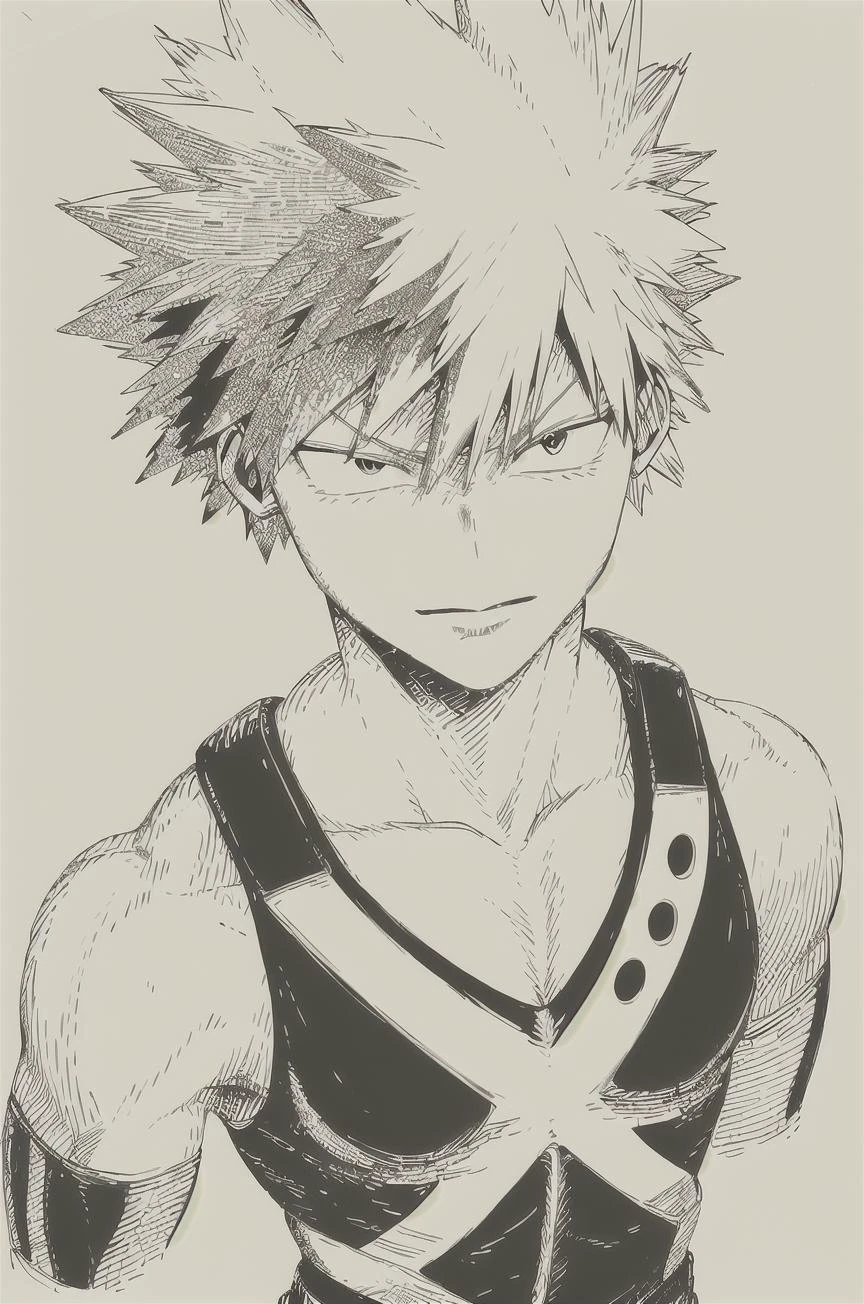 ((masterpiece,best quality, detailed)), 1girl, solo, (sketch:1.1), paper, monochrome, cropped shoulders, portrait,
bakugou katsuki, black tank top, bare shoulders, superhero, from above, <lora:oldSketchStyle_v1:1>, <lora:bakugouKatsukiMyHero_v10:0.8>
