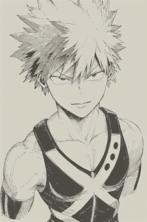 ((masterpiece,best quality, detailed)), 1girl, solo, (sketch:1.1), paper, monochrome, cropped shoulders, portrait,
bakugou katsuki, black tank top, bare shoulders, superhero, from above,  <lora:oldSketchStyle_v1:1>, <lora:bakugouKatsukiMyHero_v10:0.8>