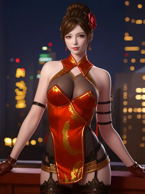 CFhudieQF,1girl,solo,brown hair,breasts,gloves,hair flower,garter belt,lace,brown eyes,underwear,medium breasts,chinese dress, clothing cutout,short hair,cleavage,bare shoulders,lips,lace-trimmed legwear,hair bun,see-through,<lora:CFhudieQF:0.75>,mature female,cityscape,night,looking at viewer,cowboy shot,hair ornament,