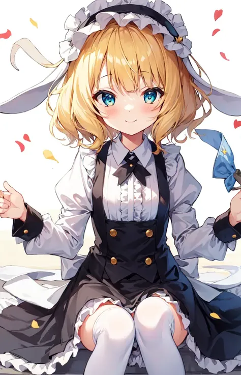masterpiece,(ultra-detailed), 1girl, kirima syaro, fleur de lapin uniform, floppy ears, fake animal ears, puffy sleeves, frilled hairband, frilled apron, white thighhighs, cafe, small breasts, smile <lora:kirima_sharo_v1:0.8>