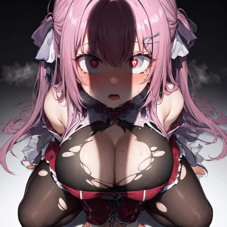 <lora:lottalewdsPenis_v1:1.6>, (penis shadow:1.5), (penis shadow) top of boobs, 1girl, cleavage, kneeling, looking at penis, big penis, heart-shaped pupils, wide eyed, steaming body, sweat, horny, torn clothes, heart emoji,