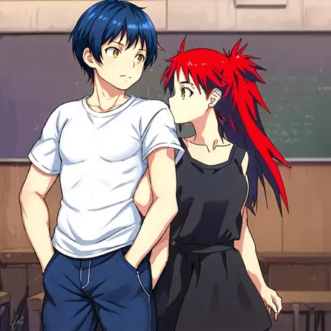 (a girl and a boy facing at each other, 1girl on the left side, 1boy on the right side), couple, classroom background, standing, upper body, cowboy shot
ADDCOMM
(masterpiece:1.2), best quality, ultra-detailed, finely detailed, perfect hands, ultra-detailed hands
ADDBASE
<lora:TadokoroMegumiLORA:0.8> tadokoro megumi, 1girl, twin braids, seductive smile, (white t-shirt), medium breasts, denim shorts, tied shirt, exposed navel, hands on anothers shoulders
ADDCOL
<lora:yukihira_souma:0.6> (yukihira_souma), 1boy, (red hair), (black t-shirt), (black pants), hands on anothers waist