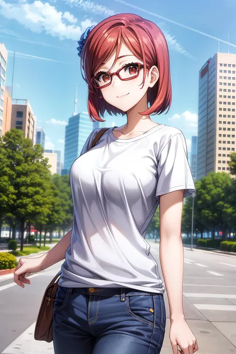 best quality, 1girl, solo, short hair, bangs, brown eyes, red hair, (t-shirt, jeans pants, glasses,:1.1), ariadoa_aria, smile, closed mouth, look at viewer, outdoor, cities, skyscraper, mountain. cloudy, blue sky