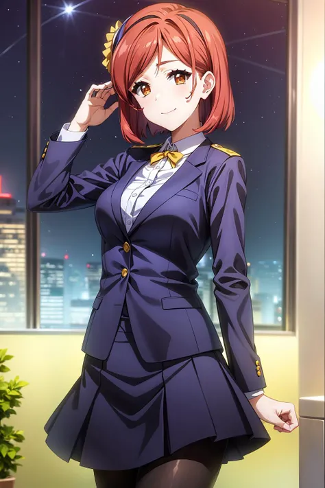 best quality, 1girl, solo, short hair, bangs, brown eyes, red hair, (formal, formal dress, formal suit, office uniform, skirt, pantyhose, yellow headband:1.2), ariadoa_aria, smile, closed mouth, look at viewer, outdoor, night, night sky, lights