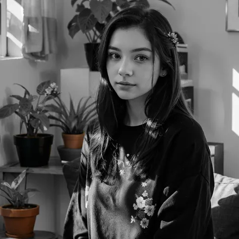 selective_color_monochrome_portrait, mpsc monochrome portrait select colors, only a few parts in the monochrome portrait have color, a monochrome portrait but the pots for the plant have color, the pots for the plant is brown, a girl surrounded by several potted plants with long hair wearing a sweater is sitting on a chair in a room