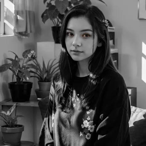 selective_color_monochrome_portrait, mpsc monochrome portrait select colors, only a few parts in the monochrome portrait have color, a monochrome portrait but the hair ornament and eyes have color, hair ornament is yellow, eyes are brown, a girl surrounded by several potted plants with long hair wearing a sweater is sitting on a chair in a room