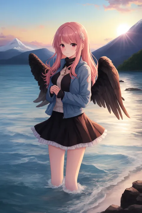 the medium is acrylic art, 1girl, beach, red angel wings, blue_sky, bracelet, brown_wings, cloud, cloudy_sky, day, feathered_wings, horizon, jacket, jewelry, lake, long_hair, looking_at_viewer, mountain, mountainous_horizon, ocean, outdoors, pink_hair, skirt, sky, solo, spread_wings, sun, sunrise, sunset, wading, water, wings, (masterpiece, best quality, highres, illustration, ultra detailing:1.1), best anime fanart, (1girl), solo