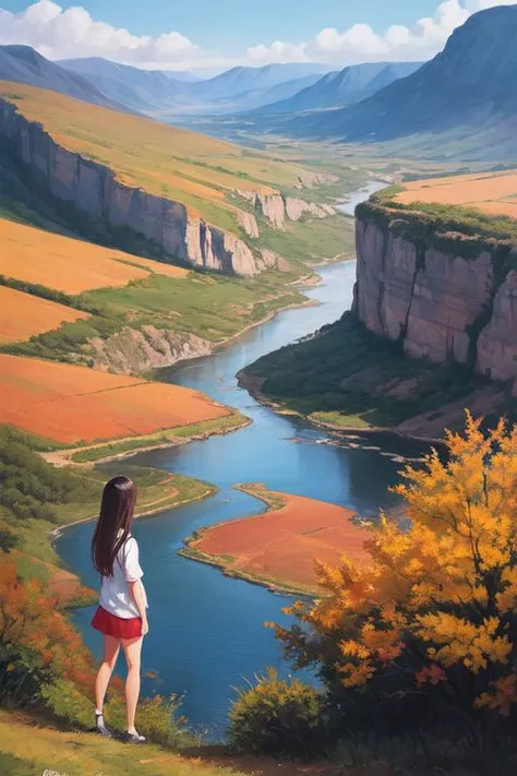 simple vector art oil painting of a girl, beautiful landscape in the background